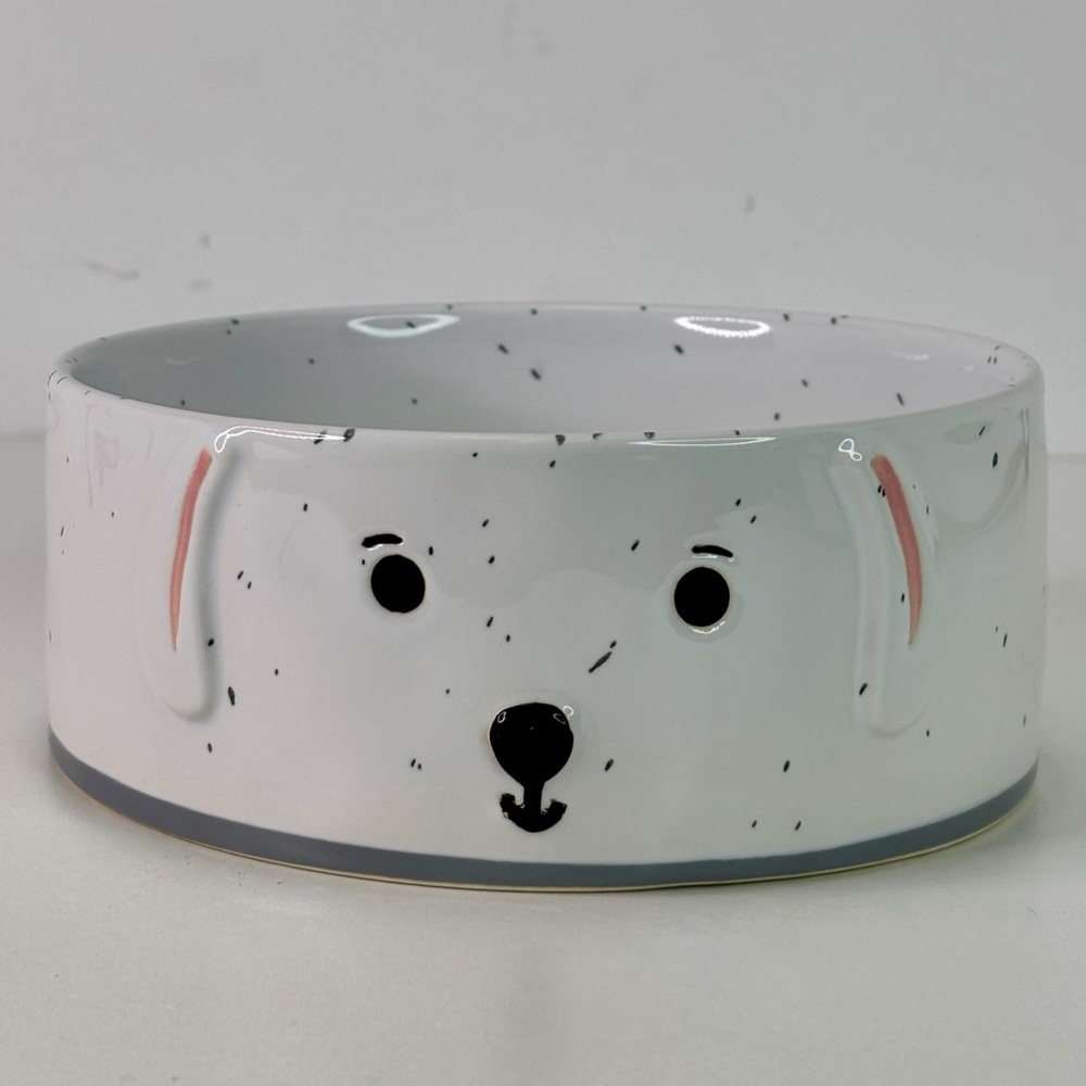 Dog Bowl Food Dish 3D Dog White & Tan Medium Ceramic 6” Diameter NEW